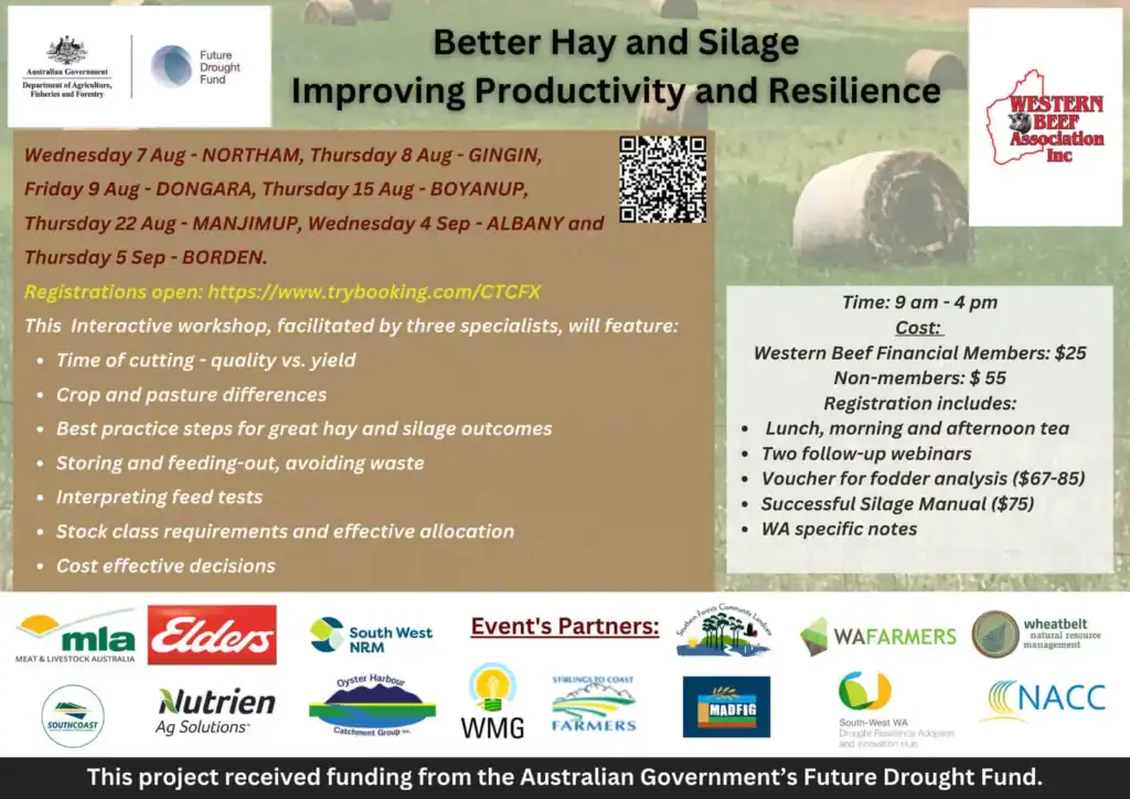 Flyer for a workshop on improving hay and silage productivity, with event details, sponsors, and registration info.