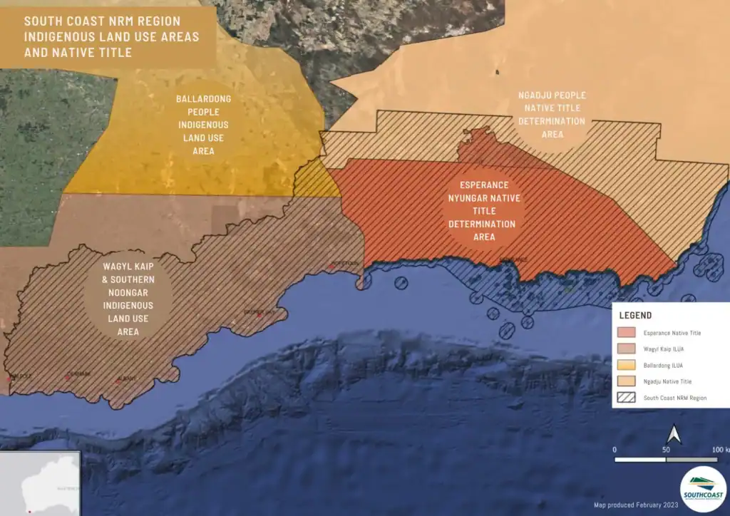 Map showing Indigenous land use areas and native title regions along Australia’s southern coast, color-coded by area.