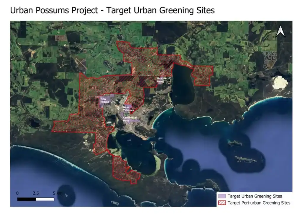 Aerial map with red-lined target urban greening sites for the Urban Possums Project near a coastal area.
