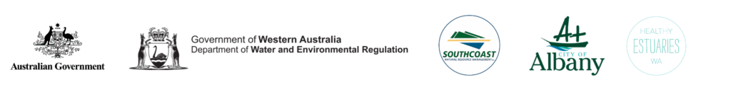 Logos of Australian Government, WA Government, South Coast NRM, Albany city, and Healthy Estuaries WA, left to right.