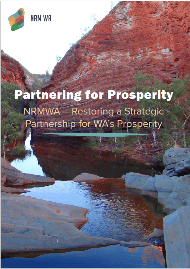 Red rock gorge with water and trees, overlaid with "Partnering for Prosperity" and NRM WA logo in corner.