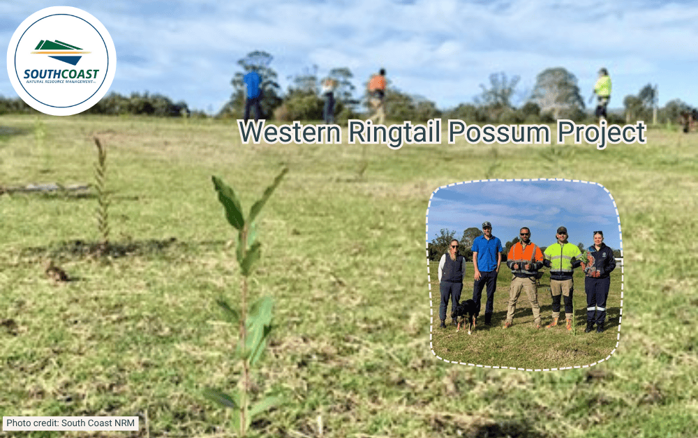 Young plants in foreground, group of people standing together in background, South Coast NRM logo in corner.
