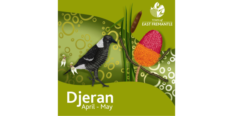 Magpie, native flower, and insects on green Djeran-themed background, April-May, Town of East Fremantle logo.